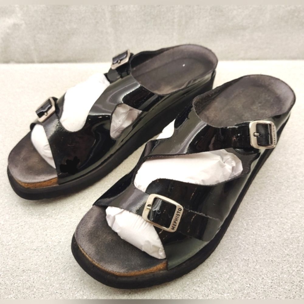 Mephisto Black Patent Strappy Wedge Heel Sandals Sz 9 Shoes